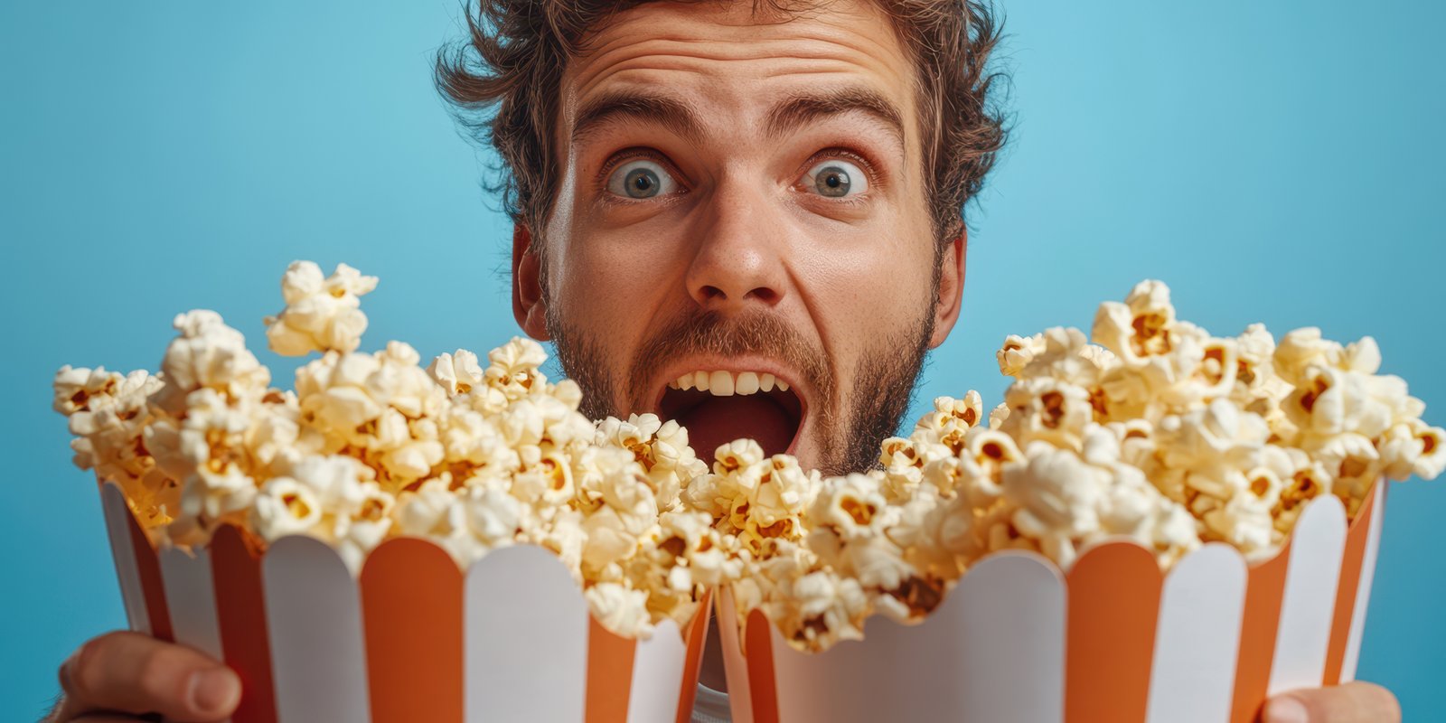 Excitement while holding giant popcorn buckets with bright blue background